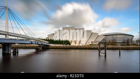 Glasgow, Scotland, UK - November 4, 2018: The River Clyde flows past the SEC Armadillo auditorium and SSE Hydro arena at Glasgow's Scottish Event Camp Stock Photo