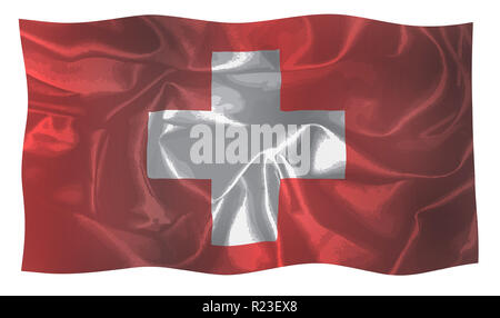 The flag of Switzerland in white and red with silk effect waving in the wind Stock Photo