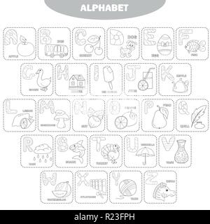 Coloring page. English alphabet with pictures and titles for children education Stock Vector