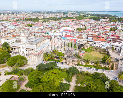 House of Wonders. Old Fort (Arab Fort built by Sultan of Oman). Stone Town, old colonial center of Zanzibar City, Unguja island, Tanzania. Aerial view Stock Photo