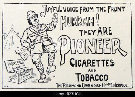 Advertisement showing a British soldier in South Africa during the Boer War delighted to receive a pack of 'Pioneer' cigarettes. Engraving, London, 1900. Stock Photo