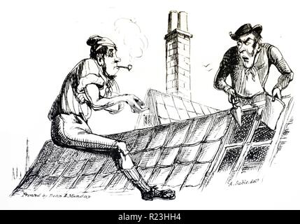 Workman smoking his pipe as he retiles a roof. Illustration from ''The Comic Offering'', London, 1835. The caption shows the contemporary love of puns and word play. Stock Photo