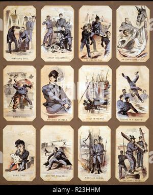 Life in camp, part 1. Souvenir cards showing various views of daily life in a Union military camp during the Civil War. 1861-1865 Stock Photo