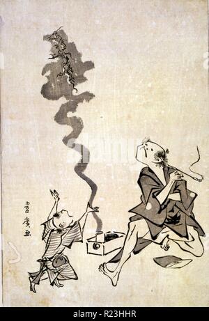 Tobae mitate ryugen sennin - Toba-e correspondence of a Chinese sage. Print shows a man smoking a cigarette in a long holder, and a dragon ascending in a plume of smoke coming from a box on the ground next to him; a child gestures toward the dragon. Stock Photo