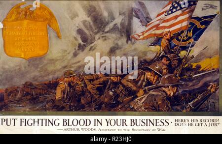 Put fighting blood in your business Here's his record! Does he get a job!' U.S. Employment Service/American Red Cross poster showing U.S. Marines engaged in battle in France; also shows a badge listing battles in which the Marines fought. The poster is promoting veterans for employment. Stock Photo