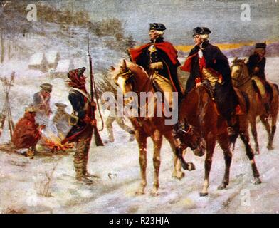 Washington and Lafayette at Valley Forge. Painting by John Ward Dunsmore. George Washington and Marquis de Lafayette on horseback at winter quarters in Valley Forge, Pa.; soldiers huddled around campfire in background. Stock Photo