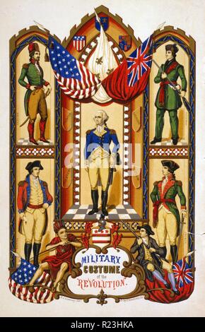 Military costume of the Revolution. George Washington, surrounded by four soldiers in Hessian, British, and French uniforms; a man holding a rifle; a Native American holding a bow, and American and British flags. Stock Photo