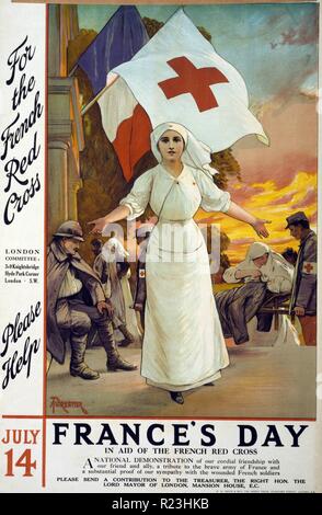For the French Red Cross. Please help. July 14 - France's day, in aid of the French Red Cross. Poster showing a Red Cross nurse with arms extended, as others tend to wounded soldiers, under the flags of France and the Red Cross. Stock Photo