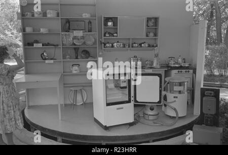 U.S.S.R., Moscow, temporary Russian exhibit 1959 Aug. 5. Photograph shows refrigerator and kitchen equipment at a Soviet exhibit that was located next to the American National Exhibition in Moscow.