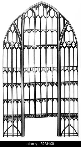 Sketch of the East window of Gloucester Cathedral. Gloucester Cathedral, or the Cathedral Church of St Peter and the Holy and Indivisible Trinity, in Gloucester, England, stands in the north of the city near the River Severn. Dated 15th Century Stock Photo