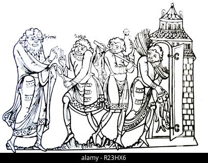 Illustration from the manuscript of Terence's 'Woman of Andros' depicting the preparations for a wedding. Dated 12th Century Stock Photo