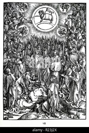 Martin Luther: Preface to the Revelation of John ( 1522): Vorrede zur Offenbarung Johannes (1522). Apocalypse in figures; Woodcut by Albrecht Durer; The Adoration of the Lamb and the Hymn of the Chosen. The Revelation of Saint John Stock Photo