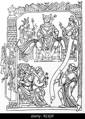 Line drawing of St Benedict handing his book (the Rule) to a group of monks symbolising the foundation of Western monasticism. Dated 12th Century Stock Photo