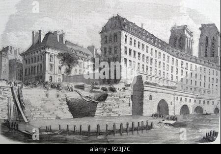 Illustration depicts the demolition of a small bridge in Paris. Dated 1870 Stock Photo