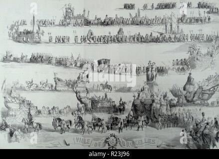 Illustration depicting the historic ride of the wedding of the King Leopold II of Belgium and the Archduchess Marie-Henrietta of Austria. Dated 1853 Stock Photo