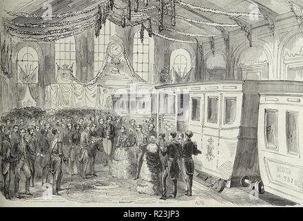 Arrival of the French Emperor Napoleon III and Empress Eugenie at the railway station of Calais. 1860 Stock Photo