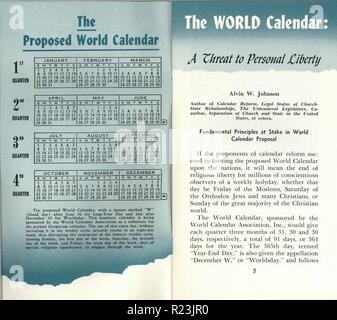 The World Calendar is a proposed reform of the Gregorian calendar devised by Elisabeth Achelis in 1930 Stock Photo