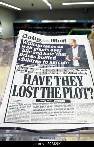 Daily Mail newspaper Brexit headlines  'Have They Lost the Plot?' (Conservative government) on supermarket newsstand  in London UK 16 November 2018 Stock Photo