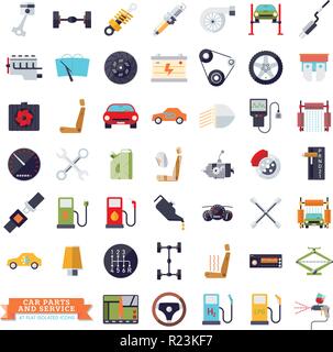 Collection of flat design car parts, service and repair icons. Isolated automotive vector symbols set. Stock Vector