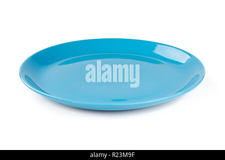Pastel blue colored plate isolated on white background, front view, clipping path, without the cast shadow, included. Stock Photo