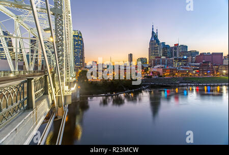 Nashville Skyline from John Seigenthaler Pedestrian Bridge at Dusk Stock Photo