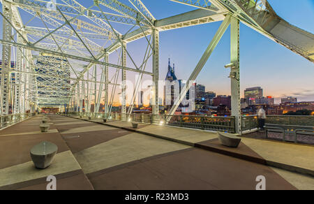 Nashville Skyline from John Seigenthaler Pedestrian Bridge at Dusk Stock Photo