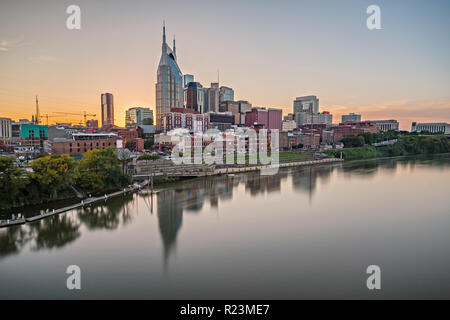 Nashville Skyline from John Seigenthaler Pedestrian Bridge at Dusk Stock Photo