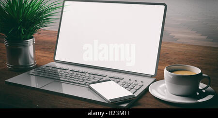 Computer laptop with blank screen and smartphone on an office desk, wooden floor background, 3d illustration Stock Photo