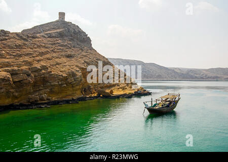 Sur town, old traditional omani wooden boat (dhow) in the harbor, Sultanate of Oman. Stock Photo