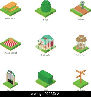 Green yard icons set, isometric style Stock Vector