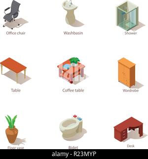 Furnished apartment icons set, isometric style Stock Vector
