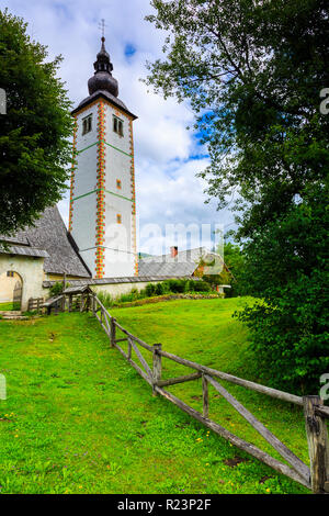 Bell tower of St John the Baptist church in Bohinj, Slovenia Stock ...