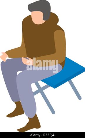 Migrant man on camp chair icon, isometric style Stock Vector