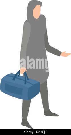 Muslim homeless woman with bag icon, isometric style Stock Vector