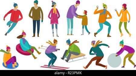 Set of people. Winter activity, wintertime concept. Cartoon vector illustration Stock Vector