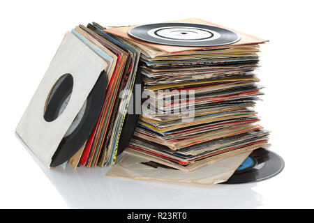 Pile of retro vinyl 45rpm singles records Stock Photo