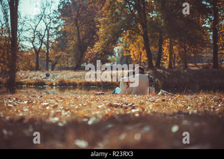Romantic couple is sitting by the river in the park and spending quality time together Stock Photo