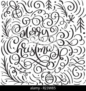 Merry Christmas on a white background with flourish vector xmas elements of calligraphy doodles. Beautiful pattern for a luxurious gift wrapping paper, t-shirts, greeting cards Stock Vector