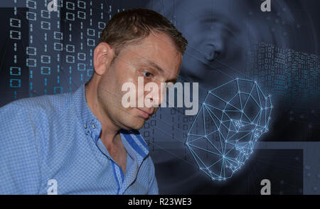 Biometric verification - young man face recognition concept Stock Photo