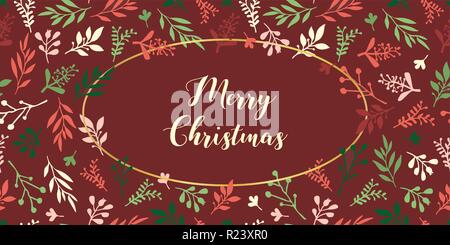 Merry Christmas hand drawn vector Christmas holiday illustration. Hand drawn red green leaves on red background with gold foil ellipse. For posters, blog, card, decoration, december, party invitation Stock Vector