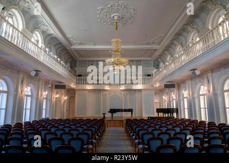 Interior of the Rachmaninoff hall of the Moscow state Tchaikovsky Conservatory in the center of Moscow before the concert, Russia Stock Photo