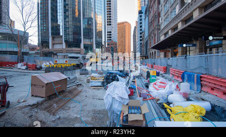 August 2018, excavation and laying of the rail tracks (RHS) continues on the George and Jamison Streets section of Sydney's new Light Rail network Stock Photo