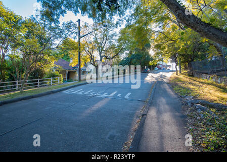 The sunlit top of St John's Avenue in the suburb of Gordon, the street was and is still paved with concrete paid for by residents in the early 1900's Stock Photo