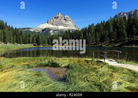 Panorama view of Tre Cime di Lavaredo from lake Adorno, Italy Stock Photo