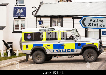 The Police headquarters in Port Stanley, the capital of the Falkland Islands, with a whale harpoon outside. Stock Photo