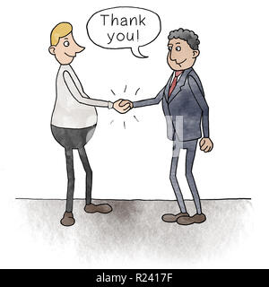 Cartoon of two businessmen shaking hands with speech bubble: Thank you Stock Photo