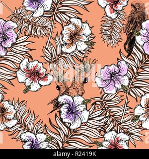 Seamless pattern of hand drawn sketch style flowers and plants. Vector illustration. Stock Vector