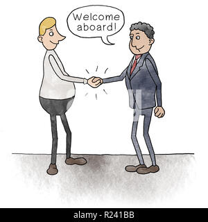 Cartoon of two businessmen shaking hands with speech bubble: Welcome aboard Stock Photo