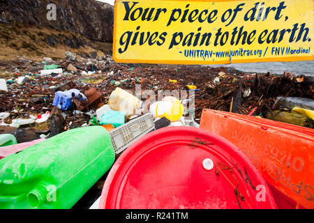 Plastic debris washed ashore at Ardtreck Bay on the Isle of Skye, Scotland, UK.