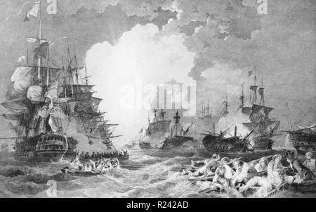Line engraving depicting the Battle of the Nile and The Orient blowing up. Engraved by J Fittler. Dated 1798 Stock Photo